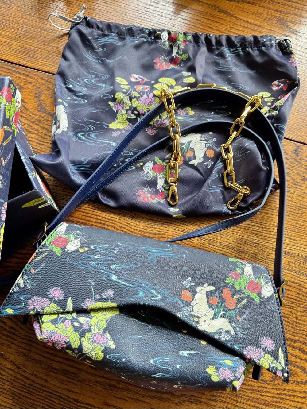 Charles & Keith Lunar Rabbit Chinese Asian Print Bag Purse Navy w/3 Straps Box